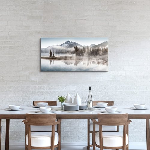 WALLSUP DECOR Forest Mountain Art Canvas Picture - Landscape Nature Shadow Lake Painting Modern Snowy Misty Mountains Wall Print with Pine Tree Artwork for Living Room Office