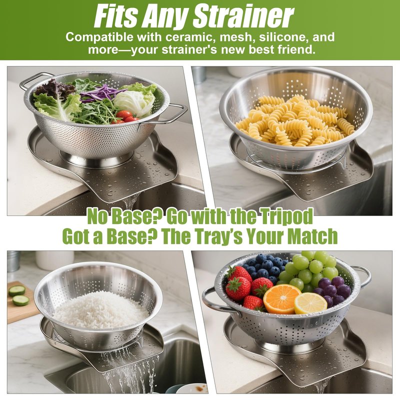 Palksky Colander and Strainer Self Drainer Base Plate Stainless Steel for Kitchen, Metal Countertop Draining Tray for Pasta Rice Noodle Fruit Veggie Food Strainer & Ceramic Colander