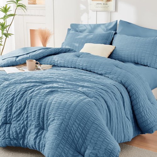 HYMOKEGE Twin XL Comforter Set - 5-Piece Seersucker Bedding Set for All-Season Luxury | Blue