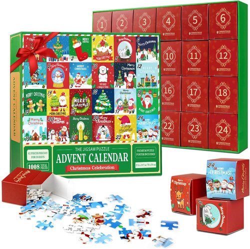 Advent Calendar 2024 | Kids Jigsaw Puzzle - 1008-Piece Christmas Countdown with 24 Cute Patterns, 27.6x19.7In
