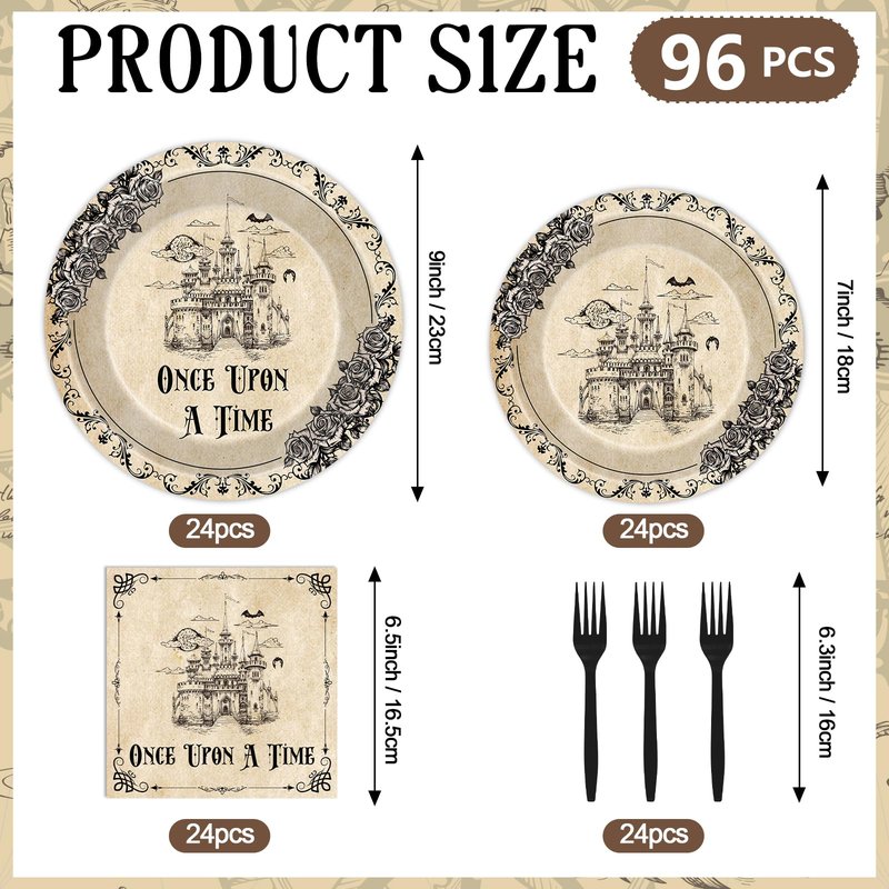 VorkiVecKi Fairytale Plates Party Decorations - 96 Pcs Once Upon a Time Tableware Paper Plate Set Napkins Forks Disposable, Floral Medieval Castle Party Supplies Decor for Birthday Wedding Serve 24