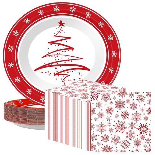 Yiyiring 150 Pcs Christmas Paper Plates and Napkins, 50 11 Inch Christmas Tree Disposable Oval Plates and 100 13 Inch Snowflake Napkins for 50 Guests Dinnerware Winter Party Supplies