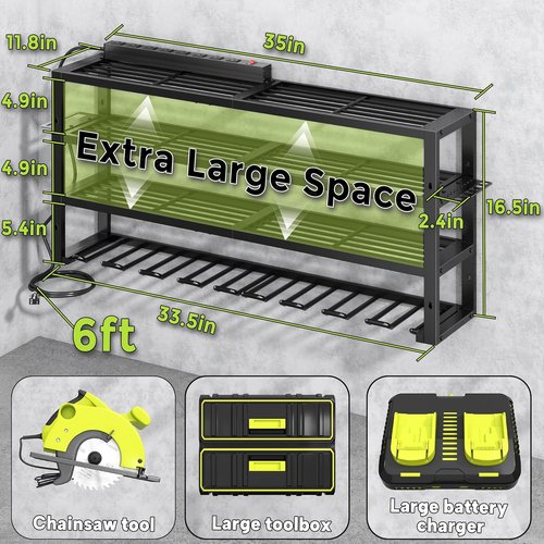 Large Power Tool Organizer by Heavy Duty Metal - Wall Mount with Charging Station & 8 Outlet Power Strip | Holds 420lbs