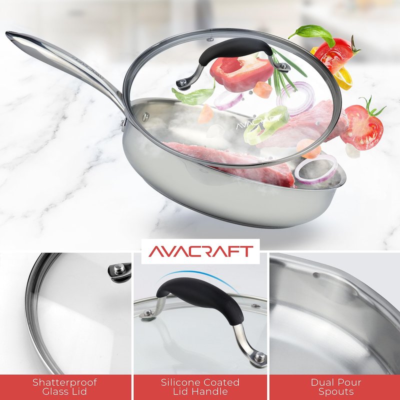 AVACRAFT 18/10 10 Inch Stainless Steel Frying Pan with Lid, Side Spouts, Induction, Versatile Stainless Steel Skillet