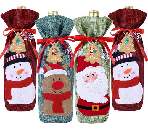 Heeshin 4pcs Christmas Wine Bottle Bags Burlap Wine Bottle Gift Bags with Drawstring, Reusable Santa Claus, Snowman & Reindeer Drawstring Covers for Xmas New Year Party Table Decoration