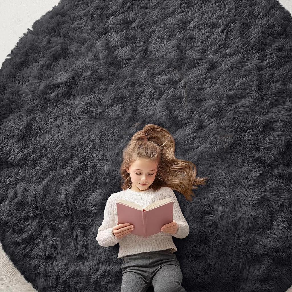 OLANLY Black Round Area Rug - Soft, Fluffy, Machine Washable 8 ft Circle Carpet for Bedroom & Living Room Decor