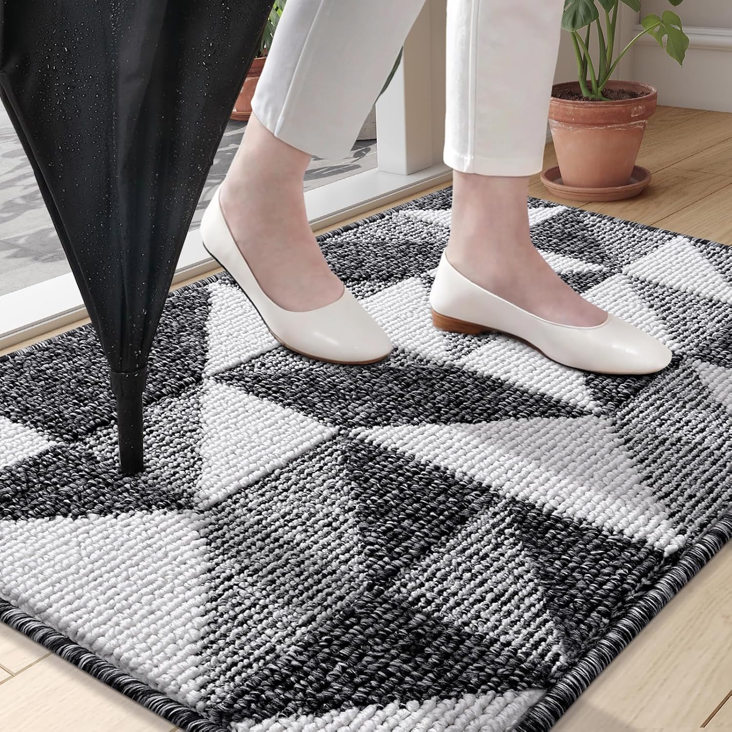 OLANLY Indoor/Outdoor Door Mat Set - Black Geometric Design | 2 Pieces (29.5x17 in & 32x20 in)