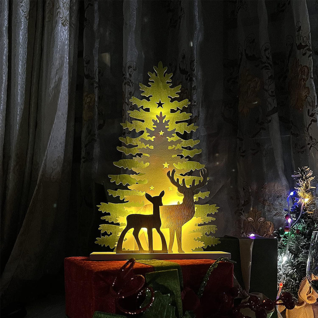 Supergorea Lighted Christmas Tabletop Decorations - Wooden Tree & Deer Decor | LED Battery-Powered, 12.7 Inch
