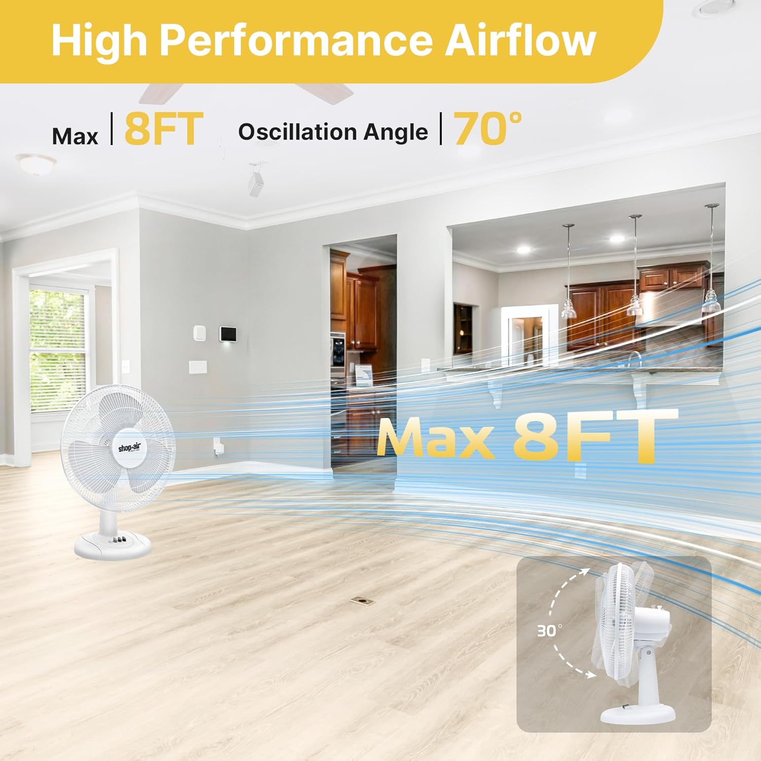 Shop-Air 12" Oscillating Table Fan - High-Velocity, Quiet Air Circulation | 3 Speeds & 70° Adjustable Tilt, White