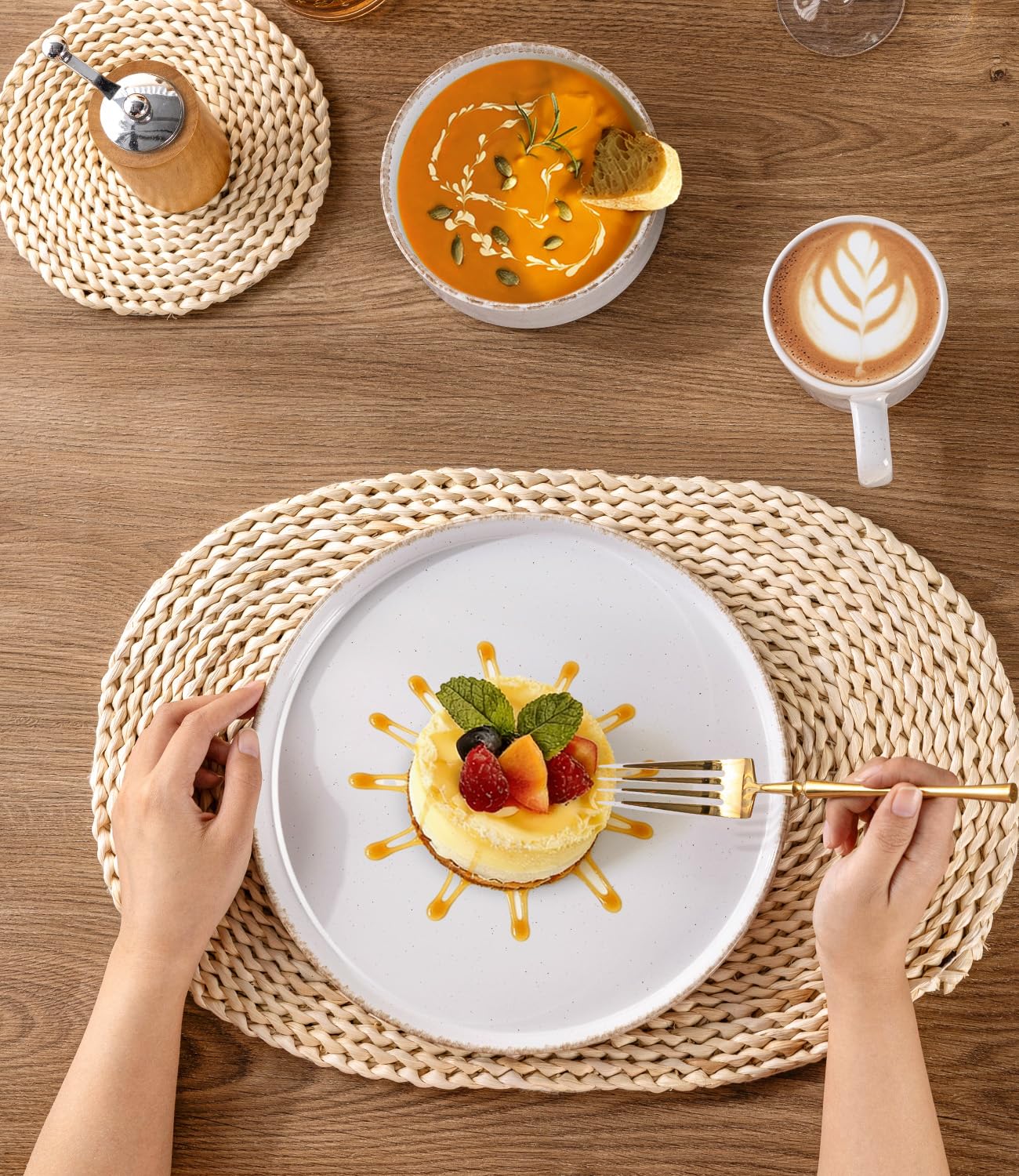 AmorArc Ceramic Dinnerware Sets for 4, 12 Pieces Handpainted Plates and Bowls Set with Rustic Terracotta Underside, Scratch Resistant Stoneware Dishes Set, Dishwasher & Microwave Safe