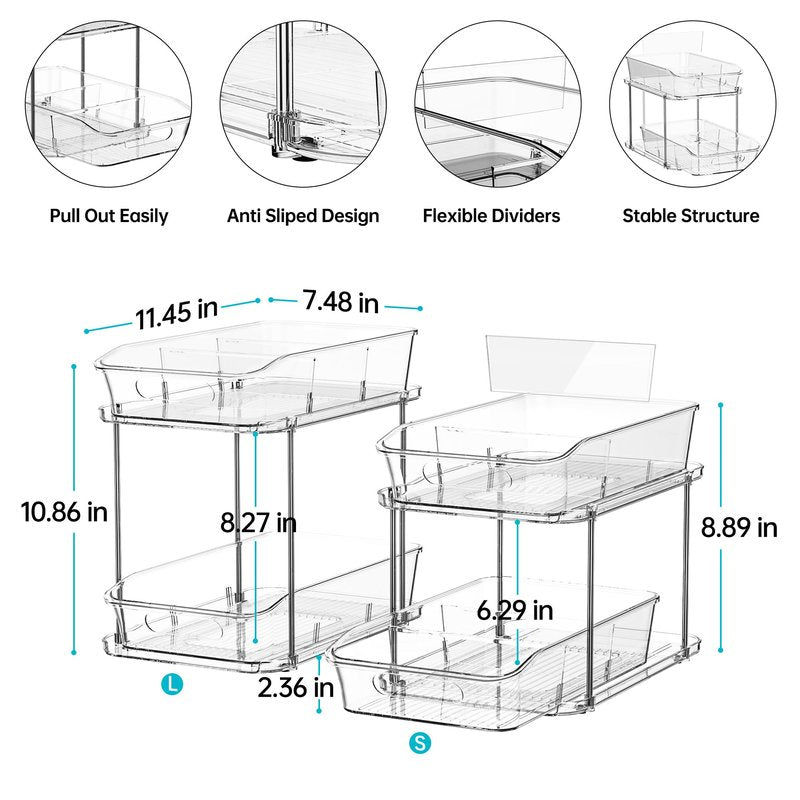 Delamu 2-Tier Under Sink Organizers and Storage, Multi-Purpose Stackable Bathroom Cabinet organizers, Pull Out Kitchen Pantry Organization and Storage with Dividers(2 Pack, Clear)