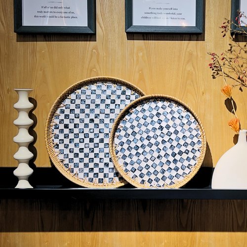 Rattan Checkered Tray with Mother of Pearl, Round Coffee Table Tray Décor 12 inch, Round Wicker Boho Decorative Woven Serving Tray (Checkerboard)