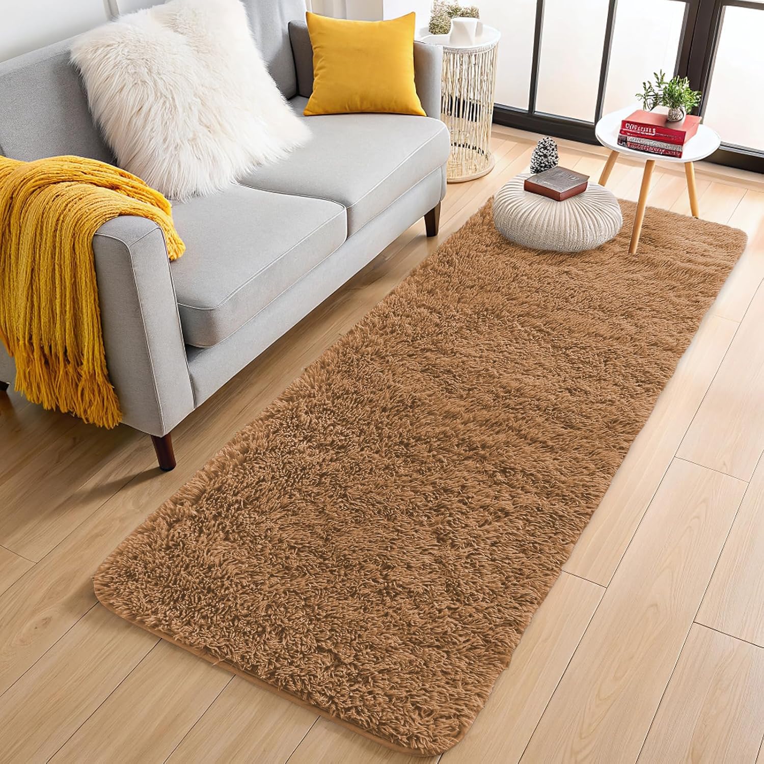 OLANLY 2x8 Machine Washable Runner Rug - Soft Fluffy Shaggy Carpet for Bedroom & Hallway | Khaki
