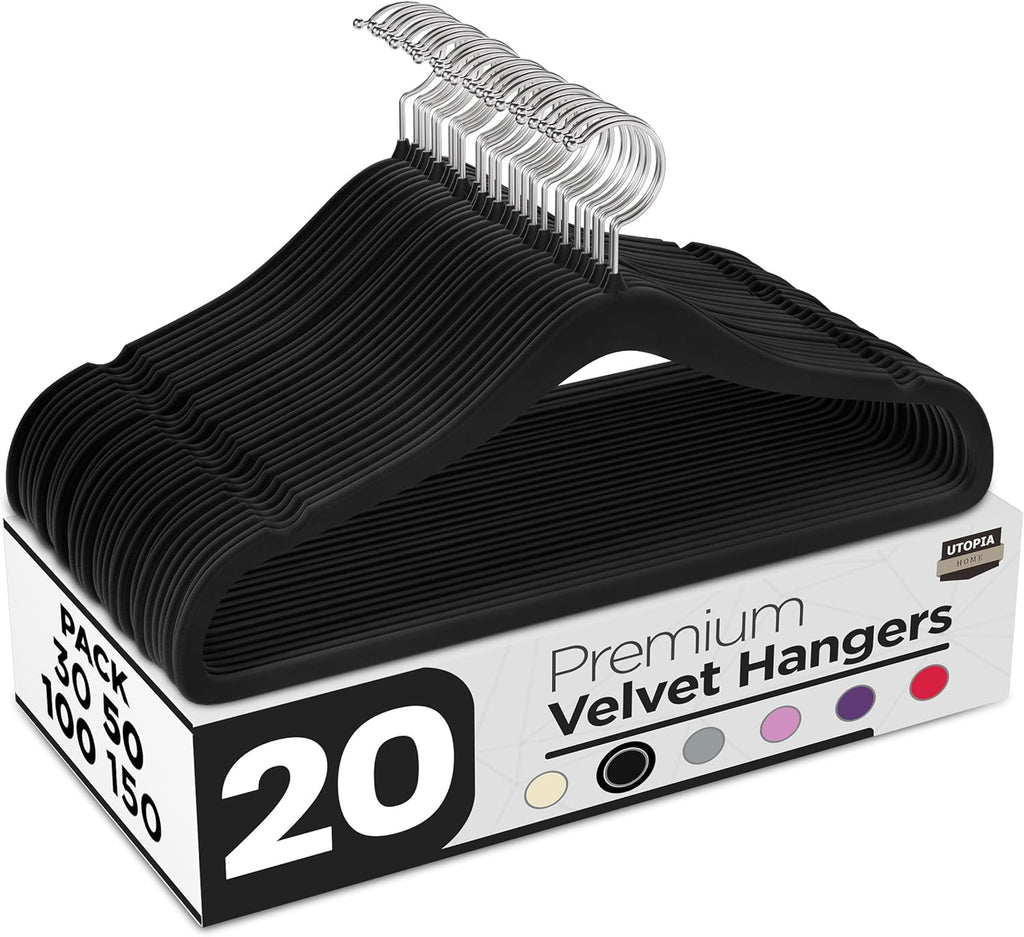 Utopia Home Velvet Hangers - Luxury Non-Slip Slim Coat & Pant Hangers, Space-Saving 20 Pack - Black