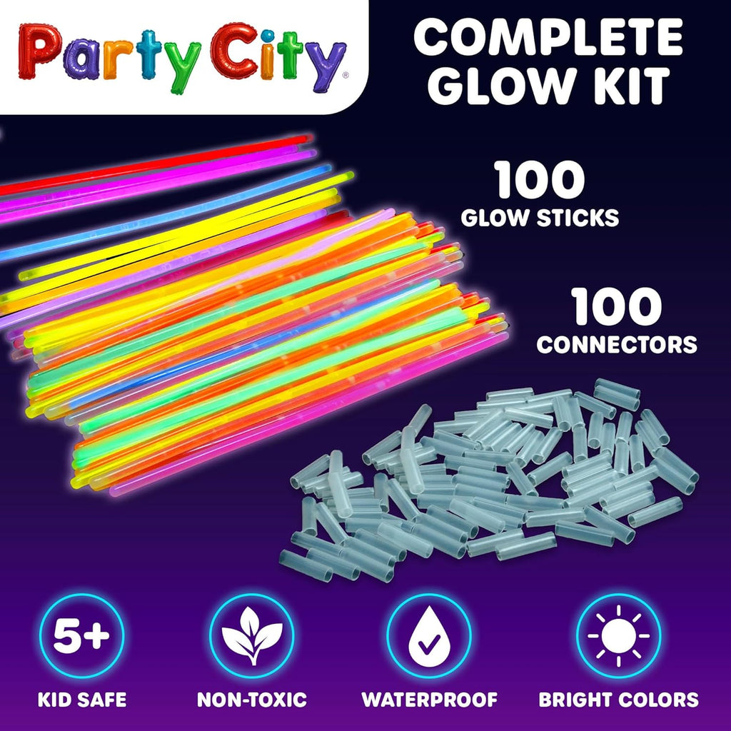 Party City 100 Glow Sticks - Neon Glow in the Dark Party Supplies | Connectors for Bracelets & Necklaces