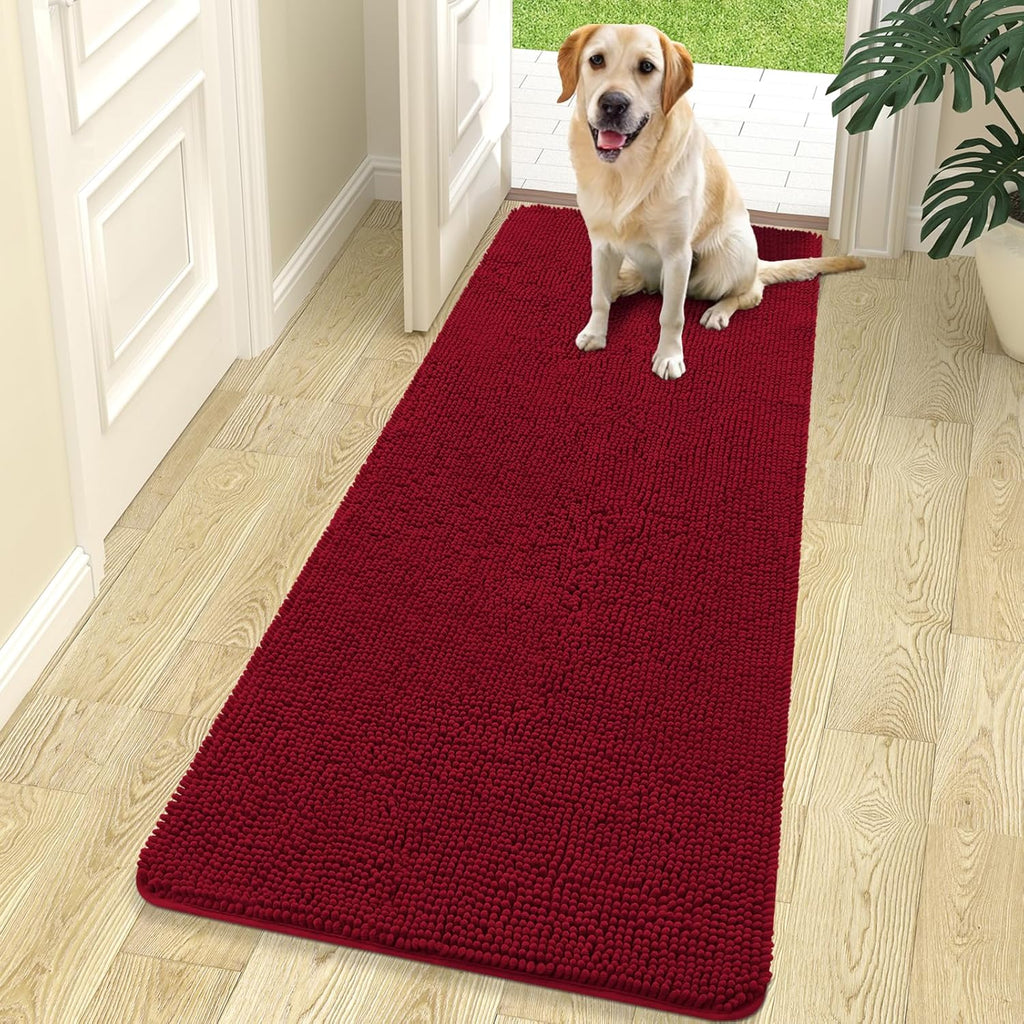 OLANLY Dog Door Mat - Absorbent Non-Slip Chenille Mud Mat for Indoor Use | 70x24 Red, Quick Dry