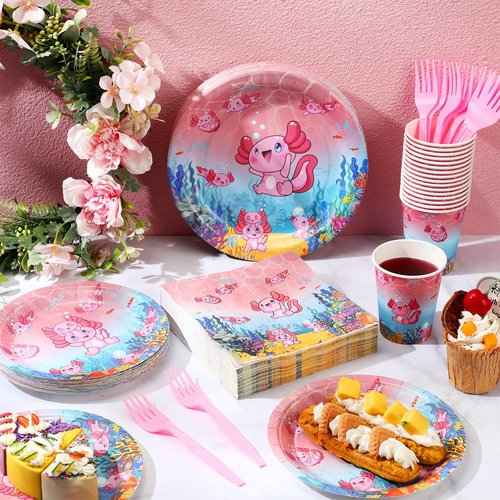 Yiyiring 180 Pcs Pink Cartoon Axolotl Plates Napkins Cups Forks Party Supplies Pink Reptile Animals Disposable Tableware Set Axolotl Birthday Decorations for Girls Animal Cartoon Party Serves 30