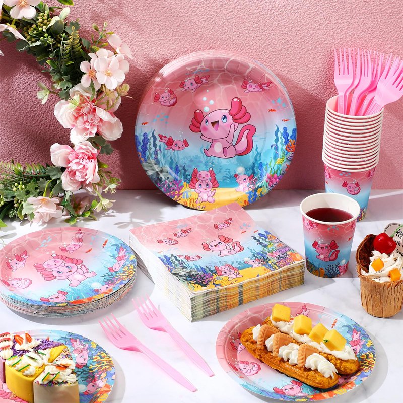 Yiyiring 180 Pcs Pink Cartoon Axolotl Plates Napkins Cups Forks Party Supplies Pink Reptile Animals Disposable Tableware Set Axolotl Birthday Decorations for Girls Animal Cartoon Party Serves 30