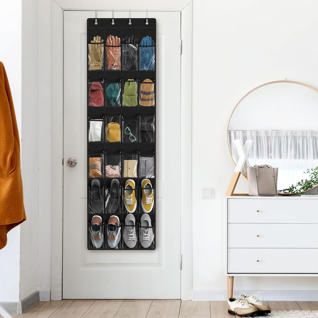 Simple Houseware 24 Pockets - Over The Door Hanging Shoe Organizer | Crystal Clear, Black (64'' x 19'')
