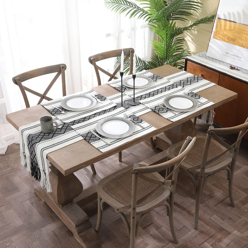 LUFEIJIASHI Woven Table Runners Farmhouse Style,Boho Table Runners 90 inches Long with Tassels Elegant Washable Table Runners for Dining Room ,Wedding,Holiday,Party Table Decor (14.5x90inch, Black)