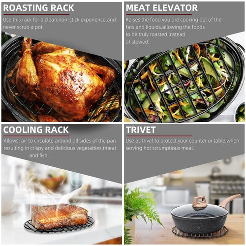 DIMESHY Roasting Rack, Black with Integrated Feet, Enamel Finished, Nonstick, fit for 15 inches oval roasting pan, safety, dishwasher, Great for Basting, Cooking, Drying, Cooling rack. (12.5”x 8.5”)