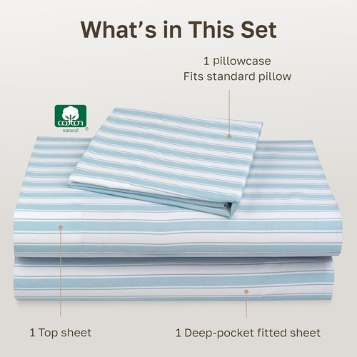 California Design Den Twin Size Cotton Sheets Set - 100% Soft Cotton, 400 Thread Count, Award-Winning Cape Stripe Blue