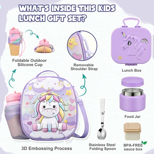 Aimsnk Kids Lunch Box Set -12oz Insulated Food Jar, Thermal Bag,Leakproof Lunch Food Containers Cutlery (BPA Free)-Gift for Girls/Boys Age 3-10(Purple+Purple Jar)