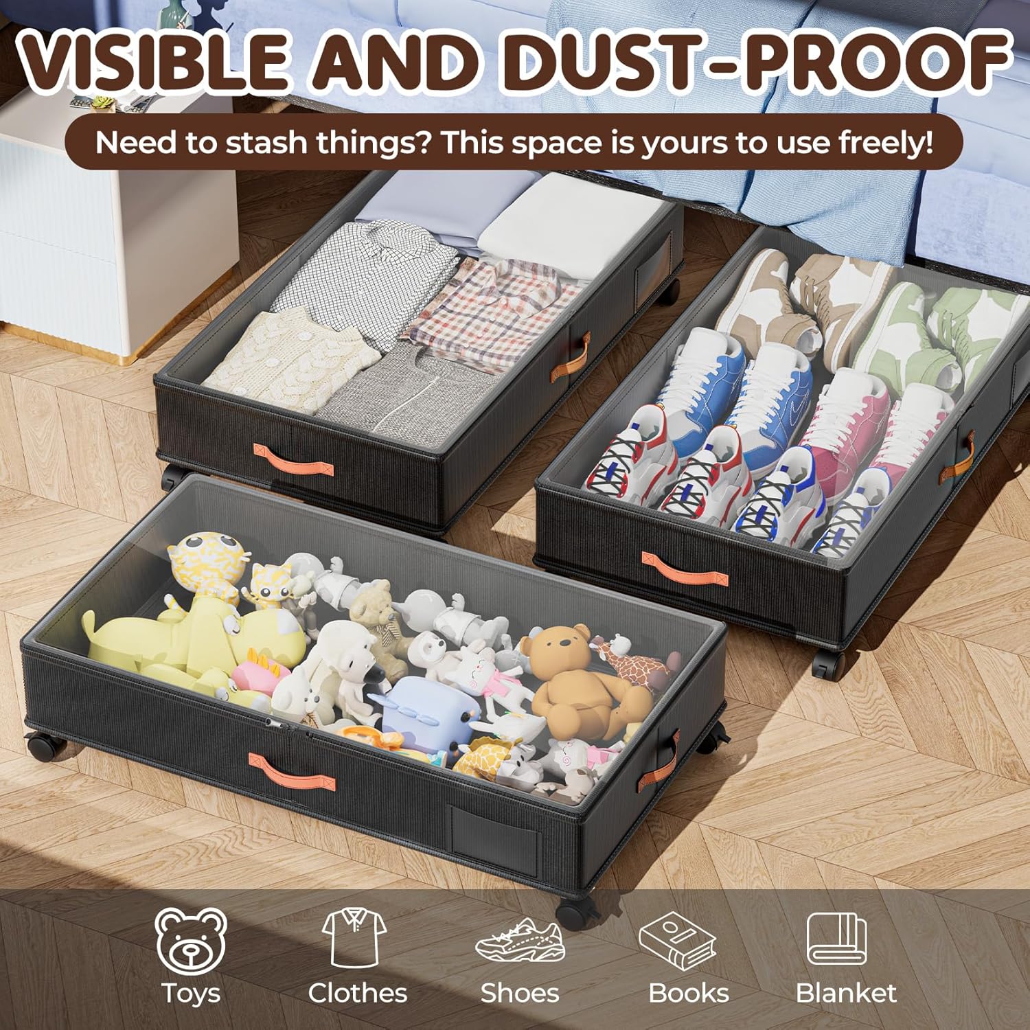 Under Bed Storage Containers by [Brand Name] - 66L Rolling Drawers with Clear Lids | 2-Pack for Clothes & Shoes (30” L x 16.2” W x 7.5” H)