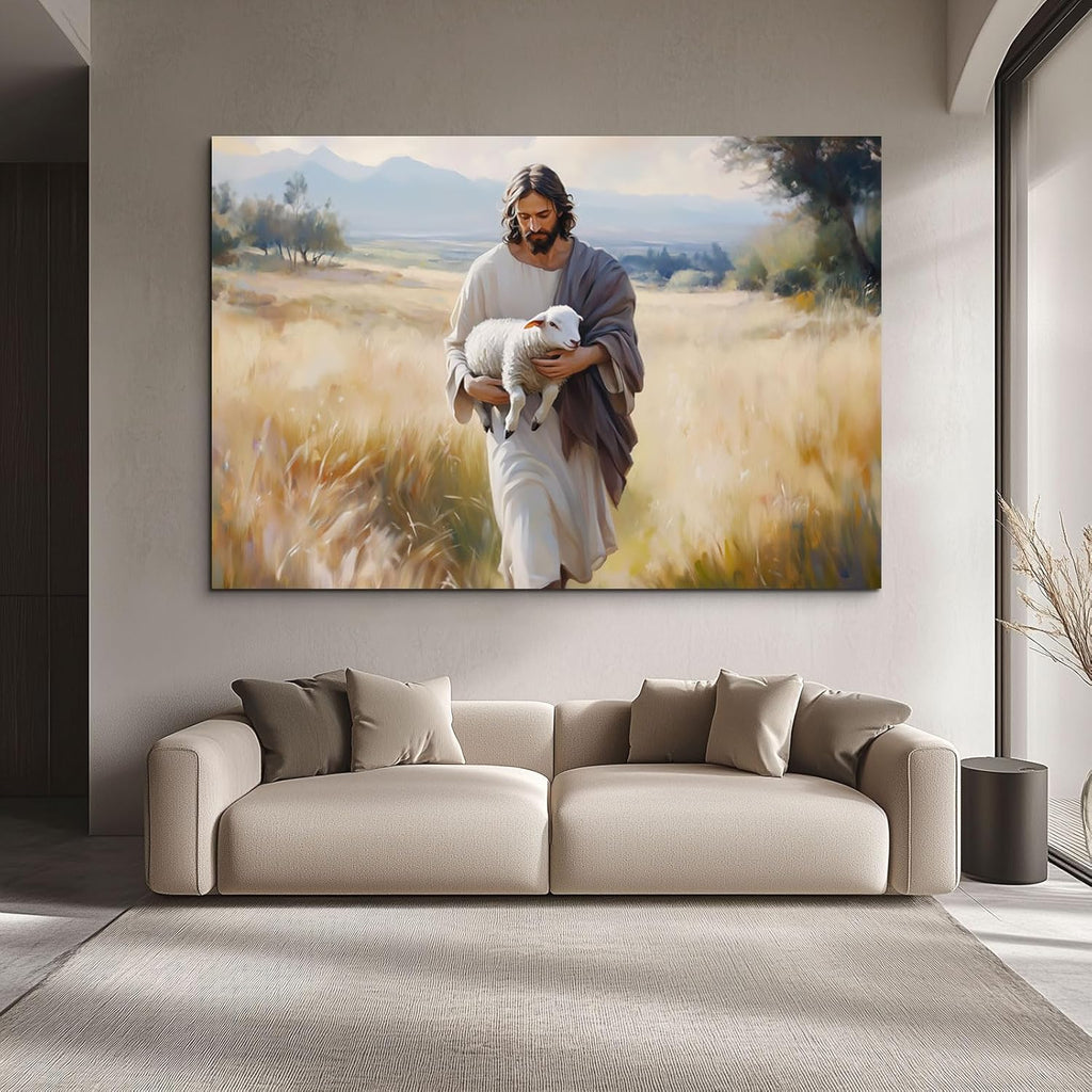 Wewejia Jesus and Lamb Canvas Wall Art - Large 46x32 Inch Religious Faith Painting for Home Decor