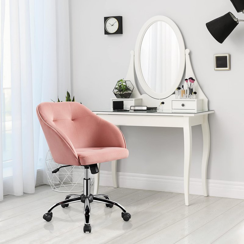 Yaheetech Pink Office Chair Small Cute Vanity Chair with Back Wheels Velvet Swivel Rolling Desk Computer Armchair for Bedroom Living Room