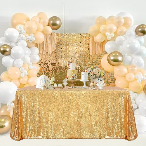 SoarDream Gold Sequin Tablecloth 90x132 Inches Rectangle Seamless Glitter Table Linen for Wedding Party Birthday Decorations