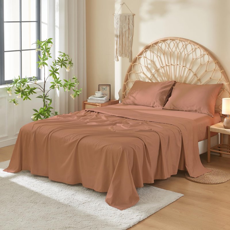 DOZ 100% Long Staple Cotton Sheet Sets, Soft Sateen Weave Cotton, Smooth, Breathable, Cooling Sheets, Hotel Comfort, Durable, 4pc – 2 Pillowcases 1 Fitted 1 Flat (Clay, Queen)