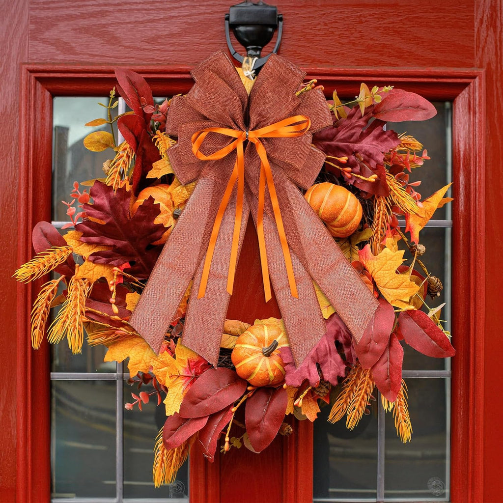 YKW Large Maple Orange Burlap Bow - 20x11 Inch Fall Wreath Decor | Thanksgiving & Halloween Ornaments