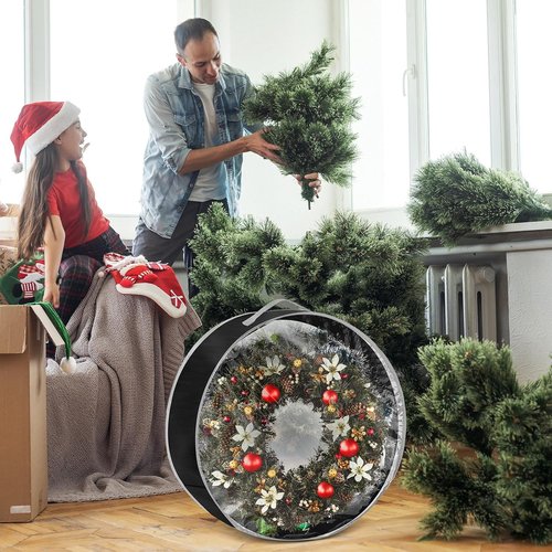 4 Pcs Christmas Wreath Storage Bag - Clear Window, Zipper & Handle for Holiday Garland | Black, 30"