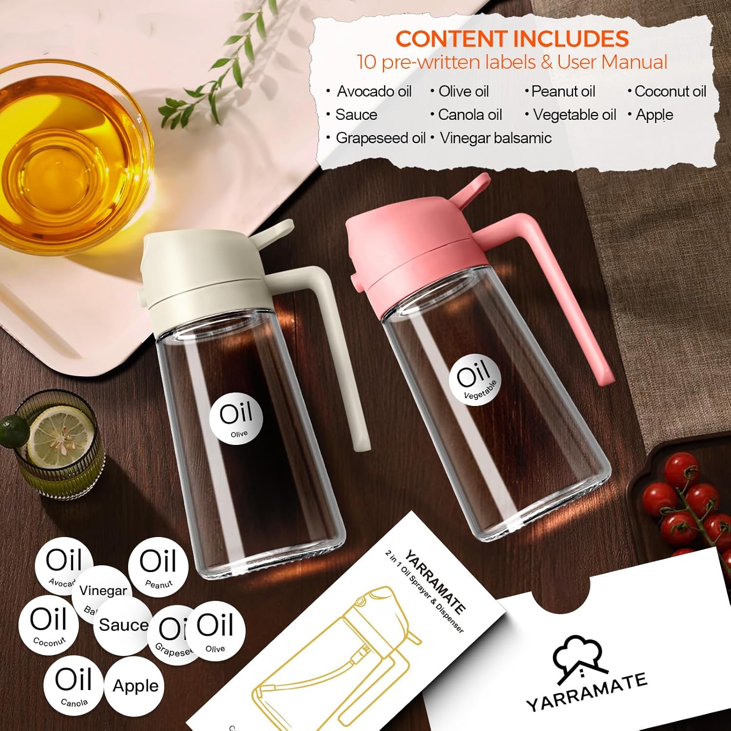 YARRAMATE 16oz Oil Sprayer - Premium Food-Grade Olive Oil Dispenser for Cooking | Pink
