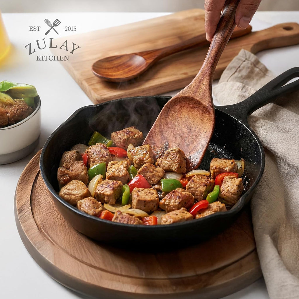Zulay Kitchen Wooden Cooking Spoons Set - 6 Durable Teak Utensils with Comfort Grip, Easy to Clean