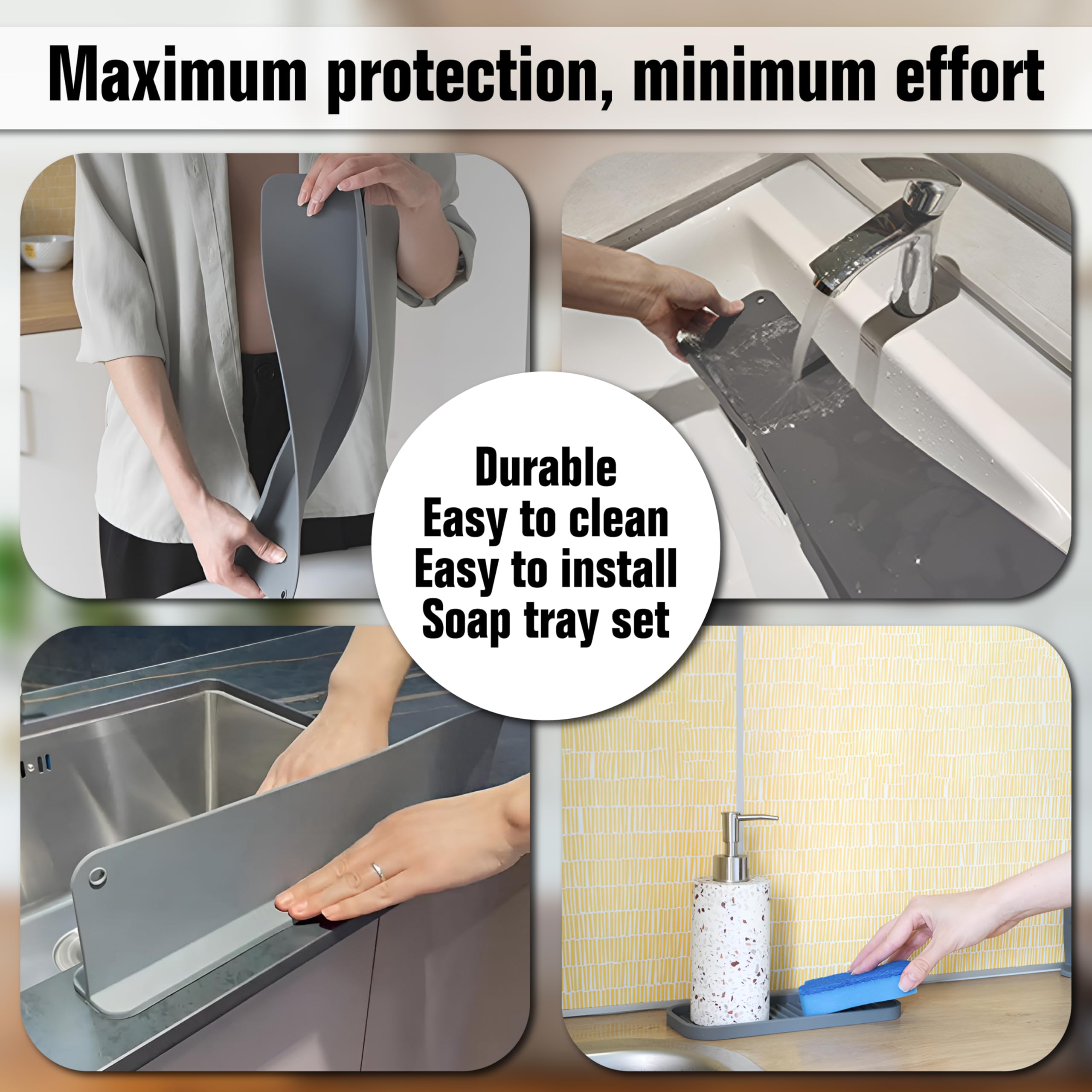Sink Water Splash Guard - Silicone Sink Splash Guard with 5 Strong Suction Cups, Non-Slip Design for Maximum Stability. (17.32 x 2.2 x 3.94") + Silicone Soap Tray (Light gray)