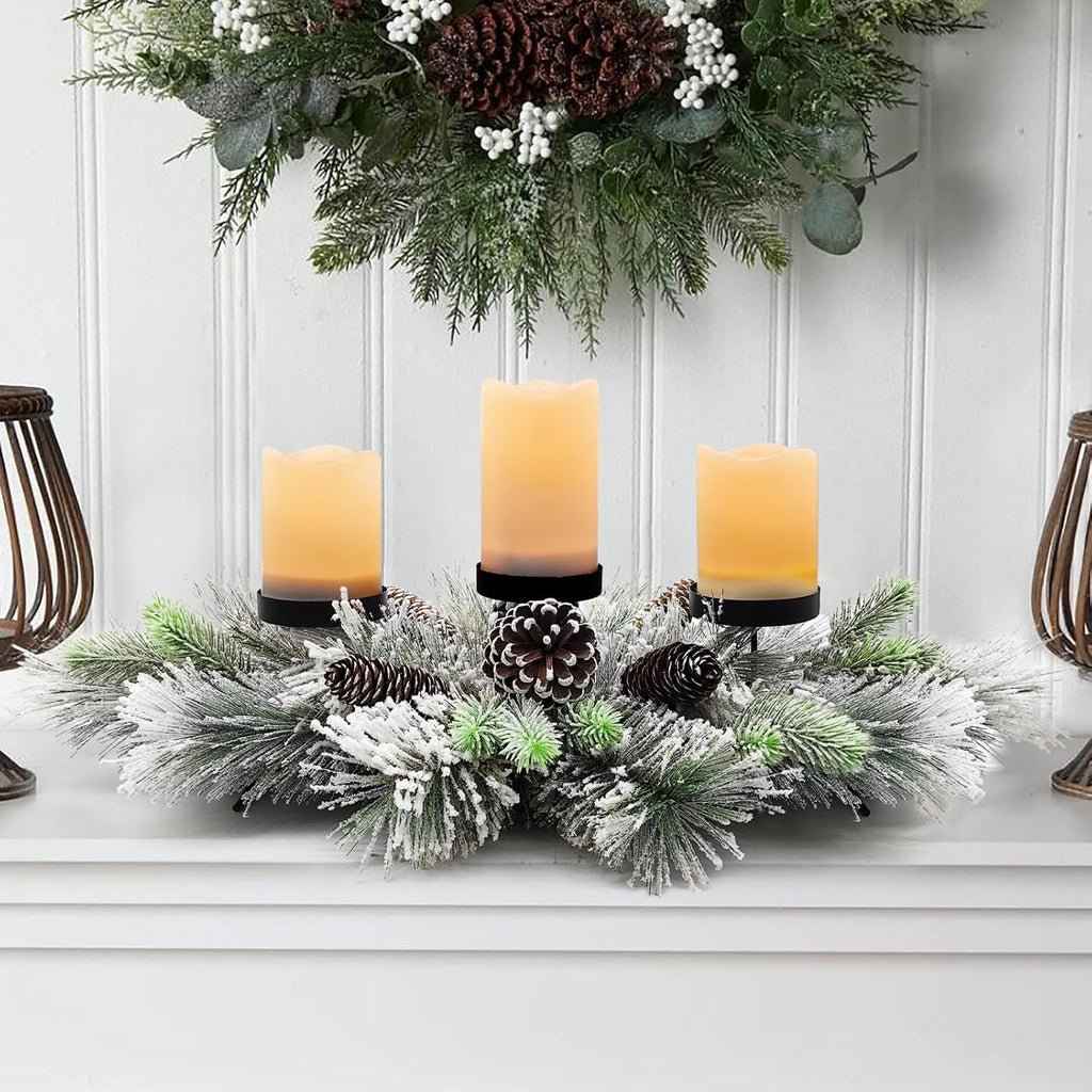 Regine Switzerland Christmas Table Centerpiece - 27.5 Inch Flocked Pine Needles & Frosted Pine Cones | Snowy Design