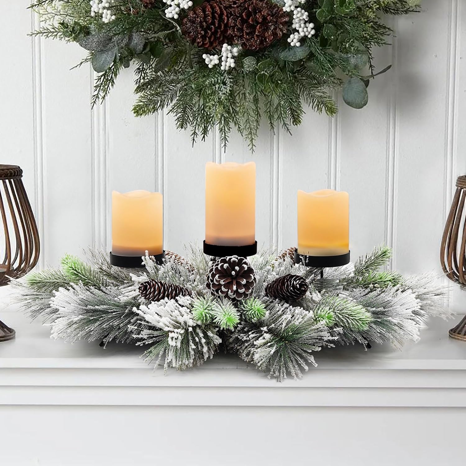 Regine Switzerland Christmas Table Centerpiece - 27.5 Inch Flocked Pine Needles & Frosted Pine Cones | Snowy Design