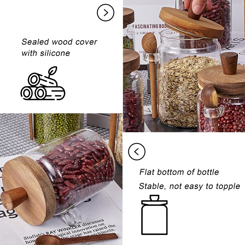 Taefaba 3PCS Spice Jars Overnight Oats Containers with Airtight Lid and Wooden Spoon,17 OZ Glass Food Storage Canisters, Glass Jars for Coffee Bean, Sugar, Dry Goods,Cookie,Candy,Cereal,Tea,Salt