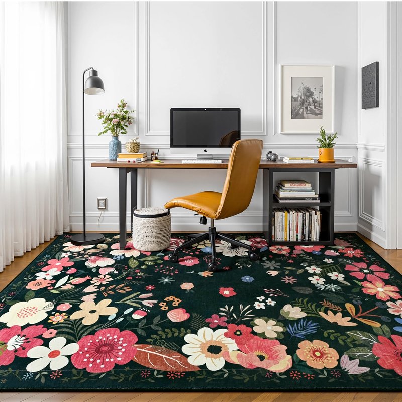 Vasofe 5x7 Rug for Bedroom,Washable Rugs for Living Room, Dining Room, Indoor Floor Mat, Floral Printed Mats for Nrusery, Farmhouse, Laundry Room,Non Slip Low Pile Soft Modern Carpet, Black