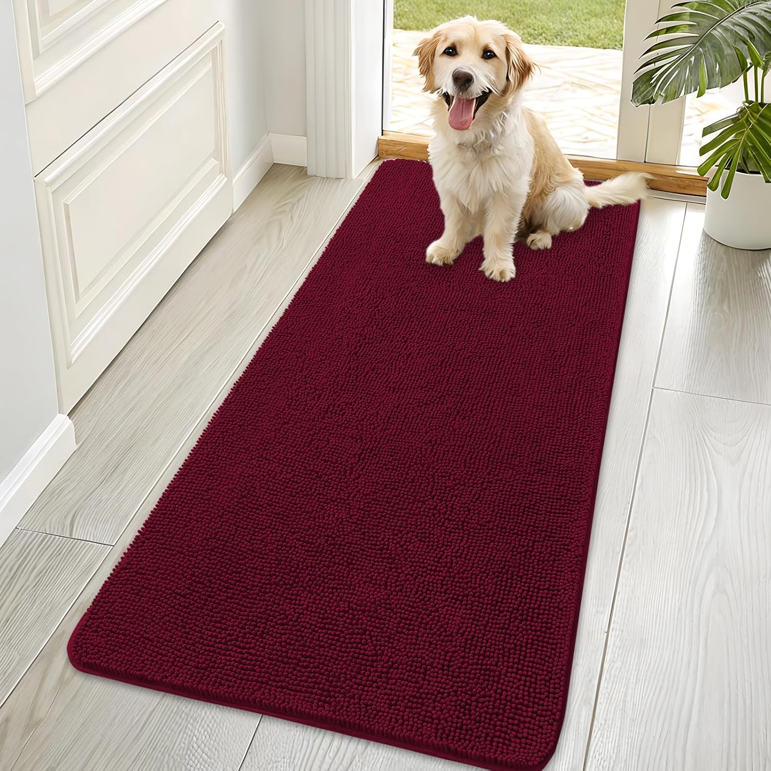 OLANLY Dog Door Mat - Absorbent Non-Slip Chenille Mat for Muddy Paws | 70x35, Burgundy, Quick Dry