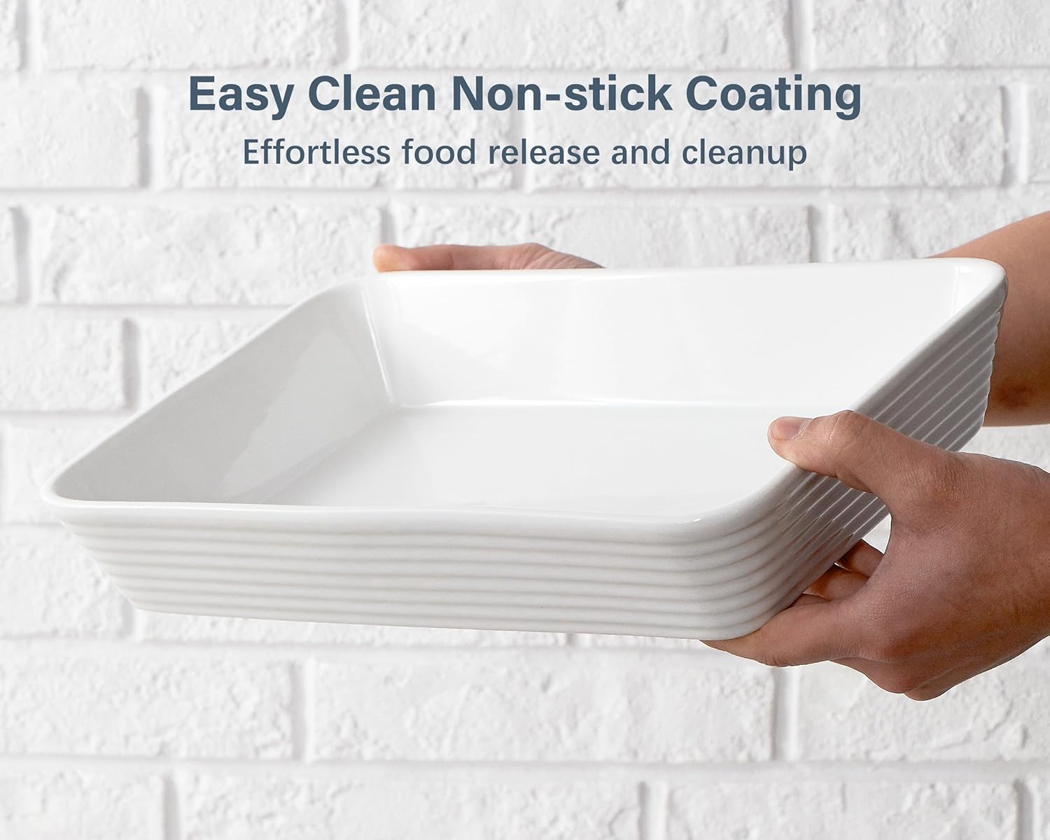 ONEMORE Ceramic Baking Dish - 9x13 Large Rectangular Casserole Pan for Family Meals | Ribbed White Bakeware