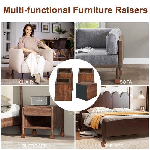 Alpeir Wood Bed Risers Heavy Duty, Support Loading 2200lbs, 4 Pack Furniture Riser Leg Height Extenders Lifts for Dorm Sofa Couch Desk Chair Table, Retro Brown, 3.5" H(Inner 3" H)