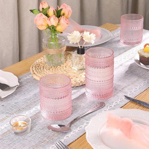 abrwyy Pink Drinking Glasses Set of 4, 10 oz Hobnail Drinking Glasses - Pink Vintage Glassware for Beer, Cocktail, Soda, Juice, Coffee and Various Mixed Drinks