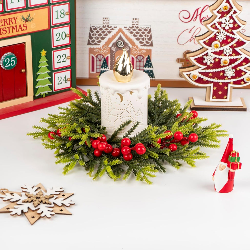 Regine Switzerland Christmas Candle Rings - 11.6 Inch Artificial Pine & Red Berries | Perfect for Holiday Decor & Centerpieces