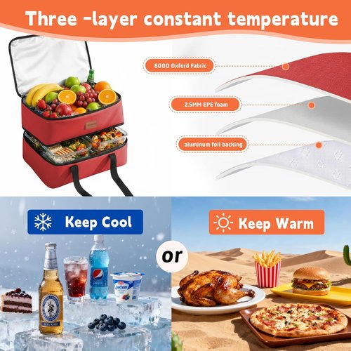 Insulated Casserole Carrier - Double Decker Food Carrier for Hot or Cold Meals | Portable Leakproof Thermal Bag (Red)