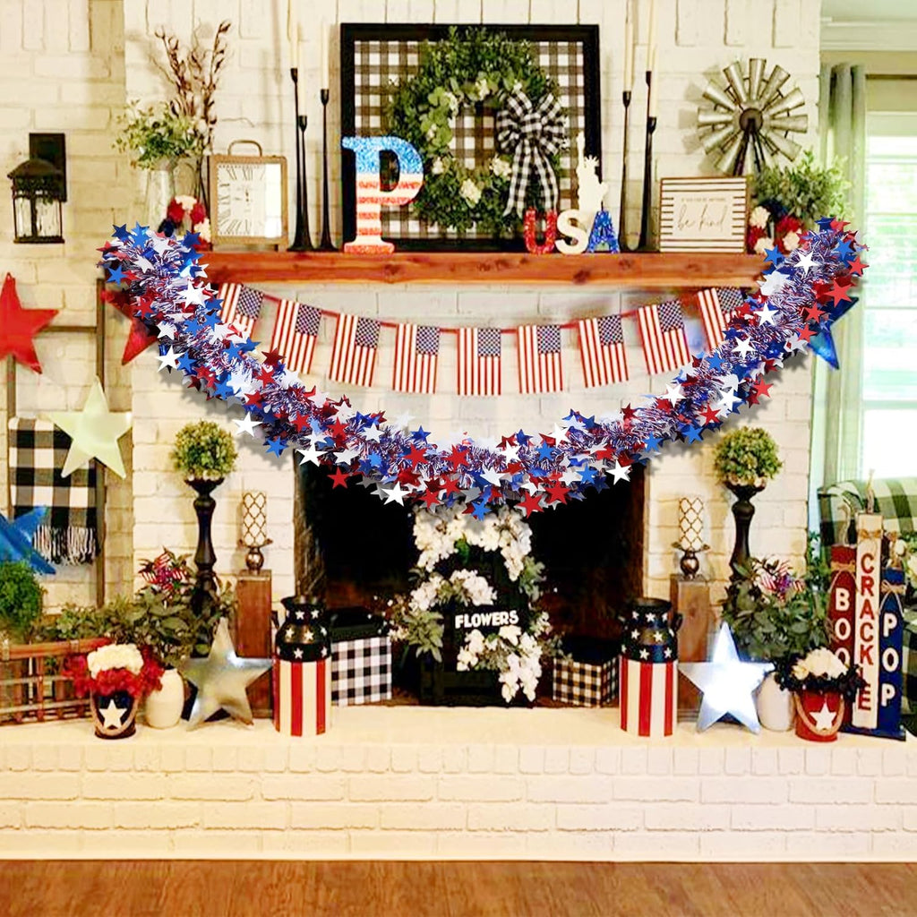 Regine Switzerland 50Ft 4th of July Garland - Glitter Tinsel Patriotic Decor for Indoor/Outdoor Celebrations