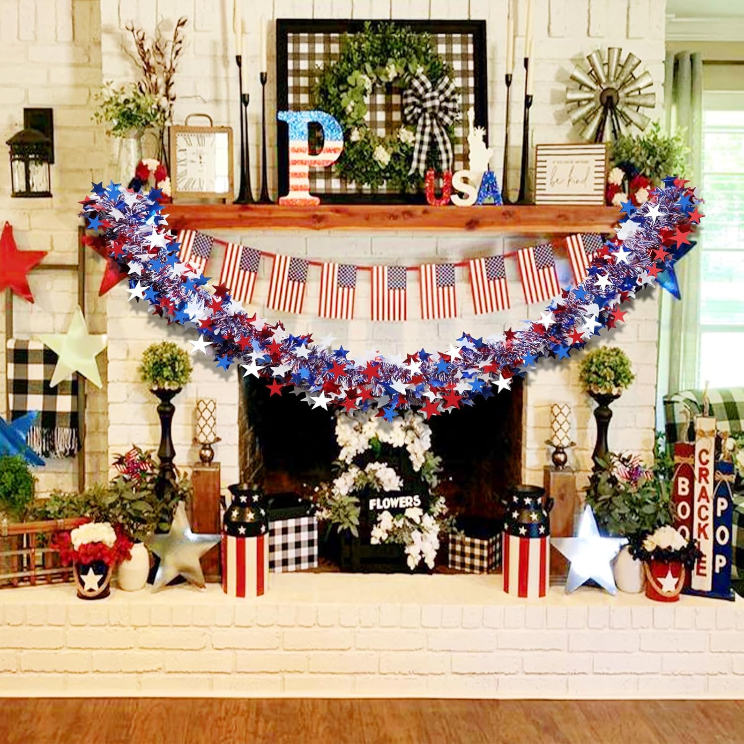 Regine Switzerland 50Ft 4th of July Garland - Glitter Tinsel Patriotic Decor for Indoor/Outdoor Celebrations
