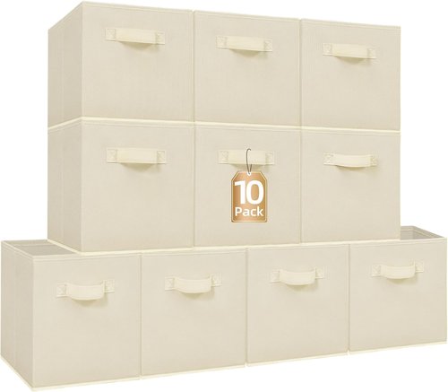**Storage Maniac Storage Cubes - 11-Inch Collapsible Bins with Handles | 10-Pack Beige Fabric Organizers**